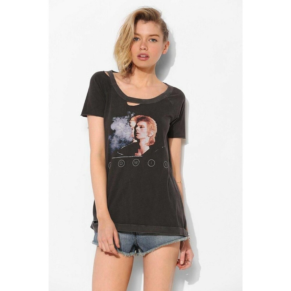 Chaser LA David Bowie Washed Black Distressed Tee Shirt